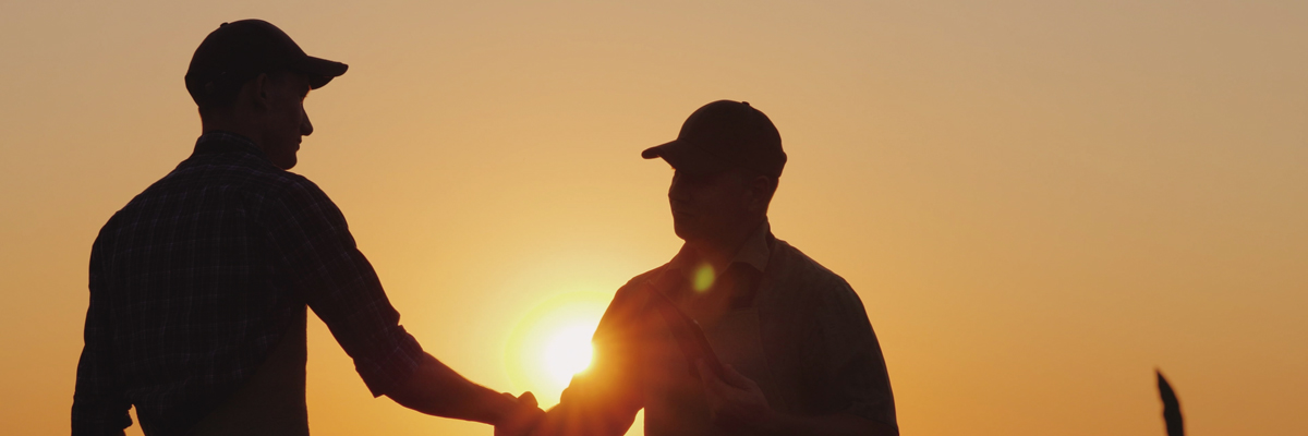 Dois produtores rurais apertando as mãos em frente ao pôr do sol.