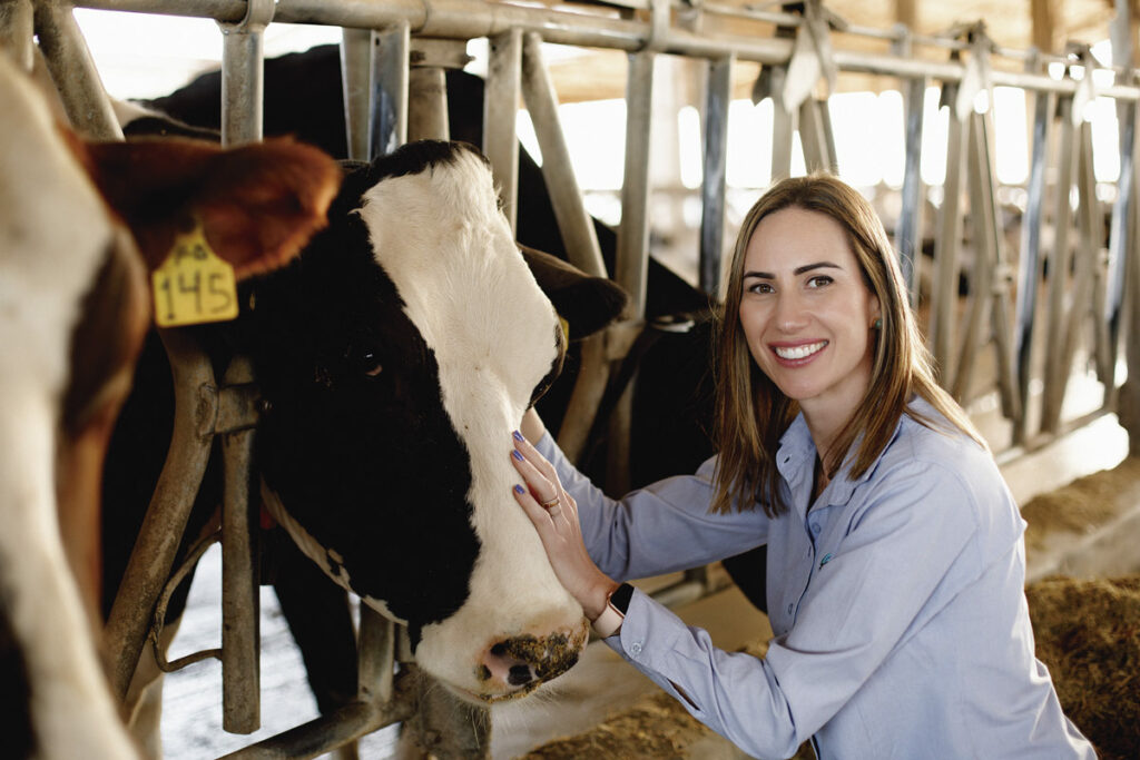 A pecuarista Fernanda Bacelar, de Arapoti, próxima de uma das vacas em propriedade dedicada à produção de leite