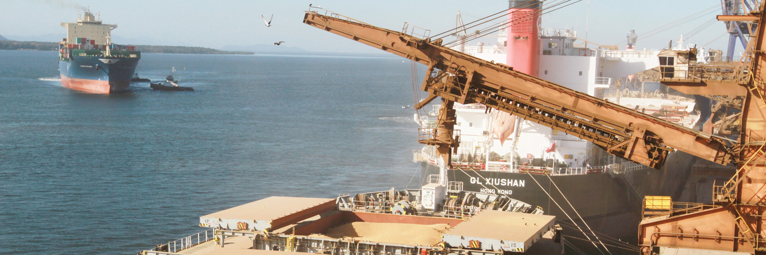 Carregamento de soja para exportação no Porto de Paranaguá, com imagem do mar e grande navio ao fundo em um dia de sol e céu azul