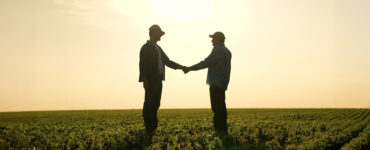 Duas pessoas em uma lavoura no pôr do sol dão um aperto de mãos, simbolizando o fortalecimento da represenatividade rural com o projeto Sindicato Protagonista